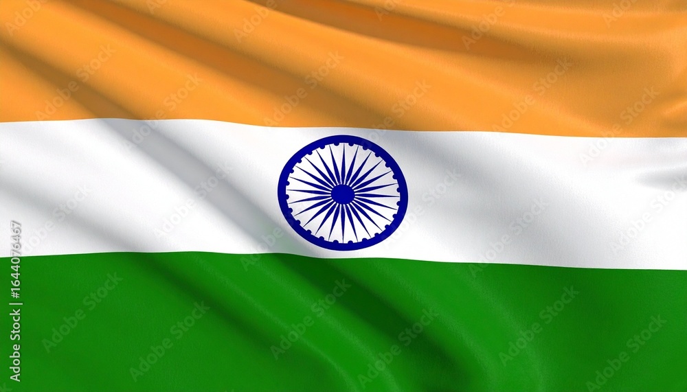 Naklejka premium Flag of India with horizontal saffron, white, and green stripes and central navy blue Ashoka Chakra.