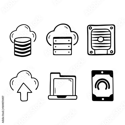 Hand drawn cloud computing and server icons isolated on white background for web and app design