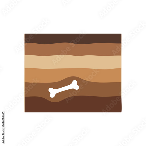 Subterranean Skeletal Discovery. Depicts a white ancient bone embedded within distinct horizontal strata of brown ground. Symbolizes archaeological excavation, geological research, and uncovering.