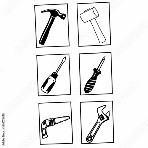 Hand tools isolated on white background, including hammers, screwdrivers, saws, and wrenches for construction