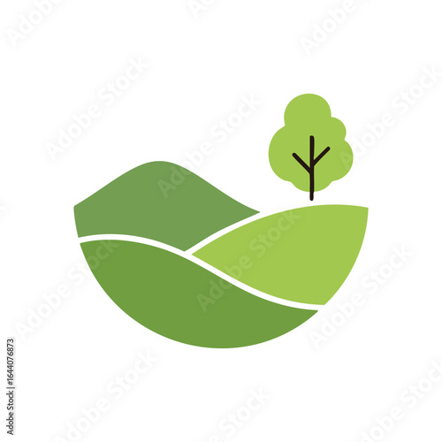 Green Hill Countryside Illustration. A minimalist illustration of verdant slopes with a lone arboreal element, symbolizing environmental balance and peaceful outdoor settings.