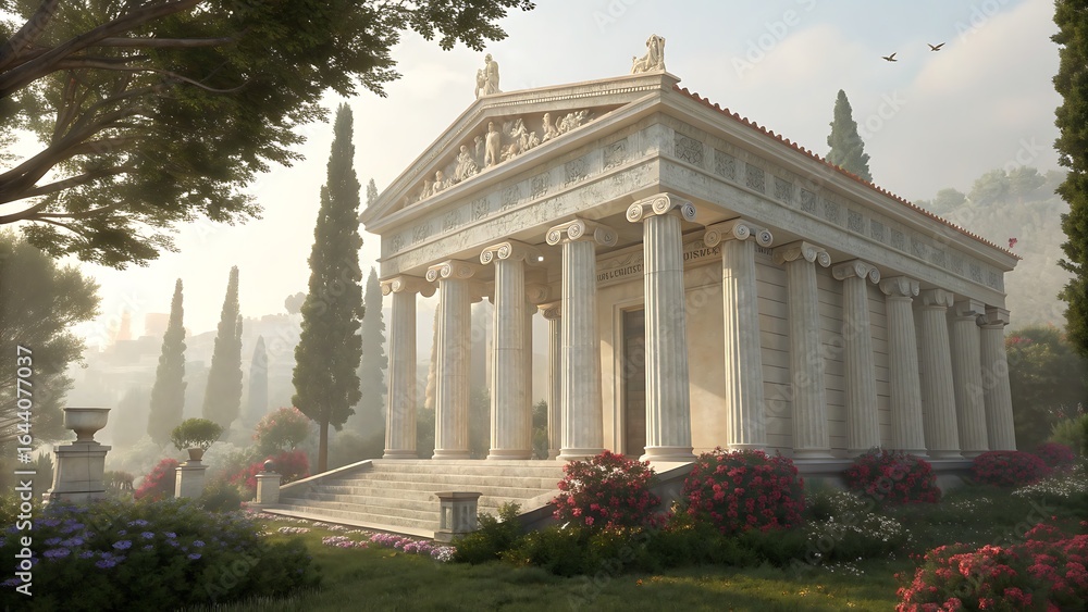 Obraz premium Classical Architecture with Columns and Statues Surrounded by Gardens and Trees on a Misty Morning.