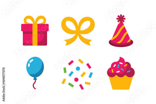 Party celebration icons, gift box ribbon bow party hat balloon confetti cupcake, festive vector, birthday design elements