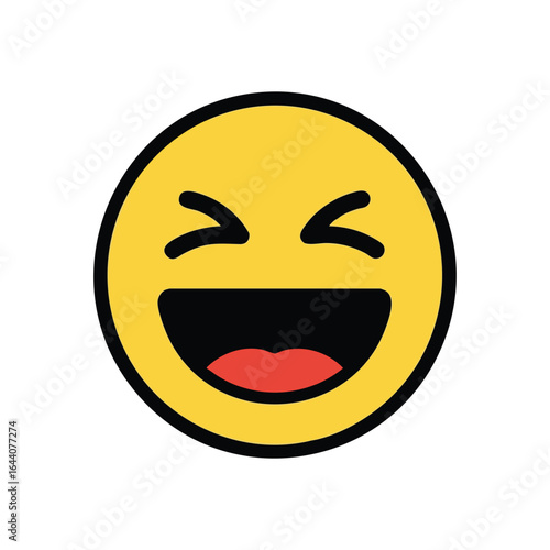 Hilarious Laughing Emoji Face. A cheerful round emoticon with eyes squeezed shut and wide mouth expressing immense amusement on a dark background. It conveys delight and good humor.
