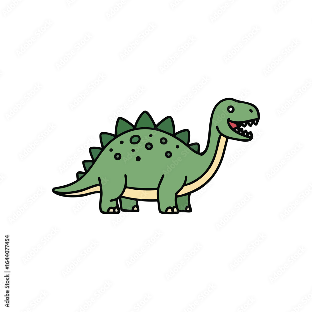 Naklejka premium Playful Green Dinosaur Design. Adorable prehistoric creature graphic with a cheerful expression, perfect for children's projects, educational materials, or fun branding. Simple and charming.