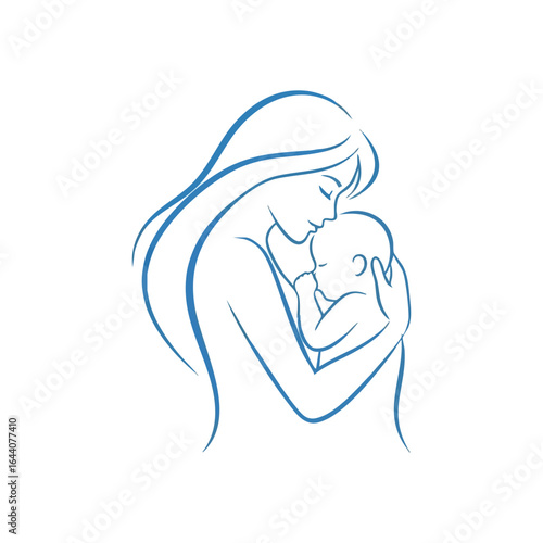 Maternal Love Embrace. Abstract blue line art depicting a loving parent tenderly holding an infant. This evokes feelings of protection, nurturing care, and profound connection.