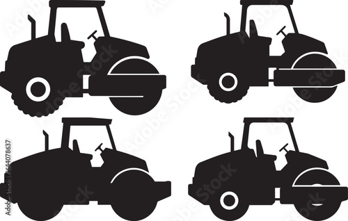 Four different views of a road roller machine silhouette
