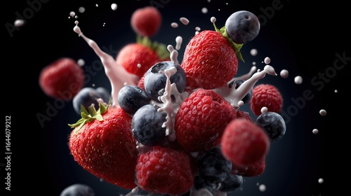 Fototapeta Naklejka Na Ścianę i Meble -  Explosion dynamique de fruits rouges avec eclaboussures de lait