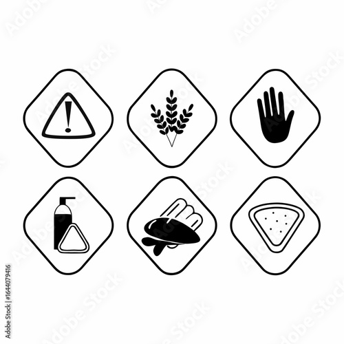 Set of hazard and allergen warning signs, including glutenfree and hand sanitizer isolated on white background