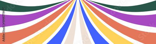 Retro rainbow curved stripes in vibrant colors, abstract wavy lines creating a dynamic optical illusion background design