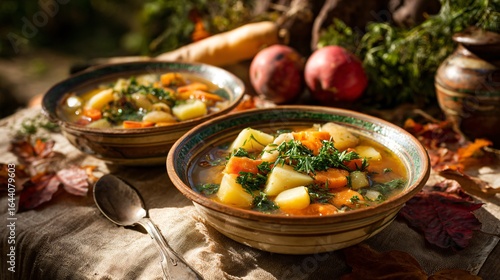 Early autumn stew served in ceramic bowls on a linen tablecloth, surrounded by root vegetables and falling leaves, soft afternoon light