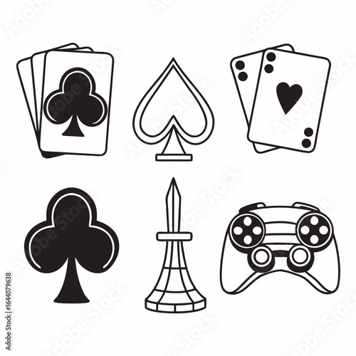 Collection of game and card icons isolated on white background for creative projects and designs