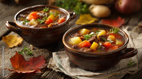 Early autumn stew served in ceramic bowls on a linen tablecloth, surrounded by root vegetables and falling leaves, soft afternoon light
