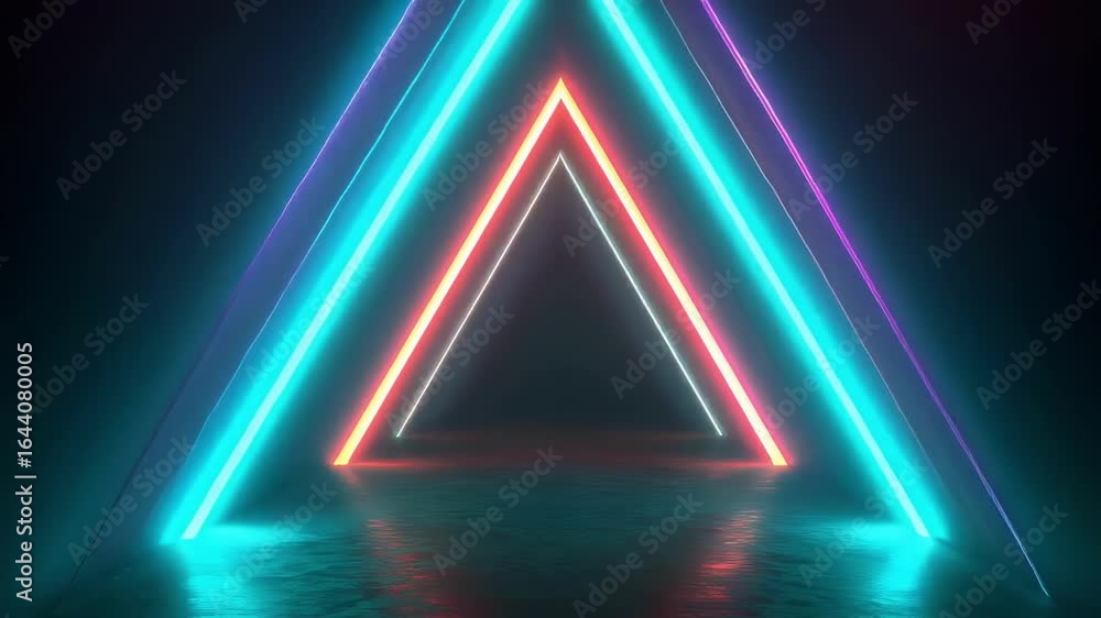 Neon triangle shape glowing on dark background with reflection. Abstract geometric light animation for nightclub, party, or tech concept. Looping video with vibrant colors.