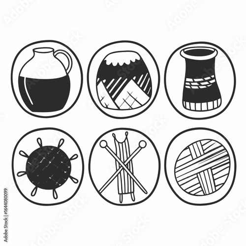 Illustration of knitting and sewing elements in a circle shape isolated on white background