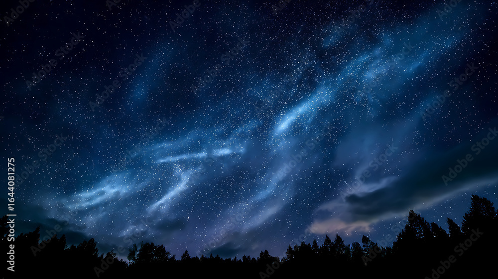 Fototapeta premium Deep blue celestial expanse filled with countless sparkling stars and wispy nebulae over silhouetted trees