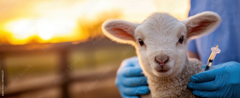Fototapeta premium The lamb receiving a veterinary injection during a beautiful sunset on the farm.