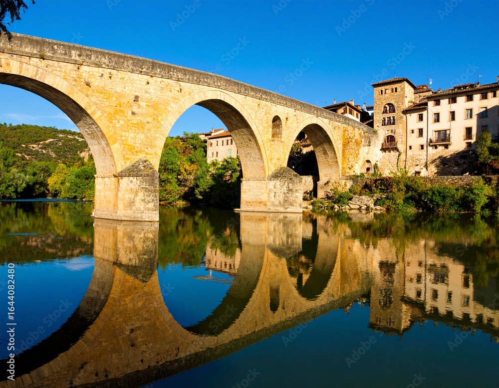 Fototapeta premium A charming scene of an old stone bridge over a river, with the reflection of the village houses perfectly captured in the water, creating a symmetrical view.