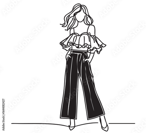 teenager Girls in top with ruffles and pants illustration. Fashion line doodles sketch