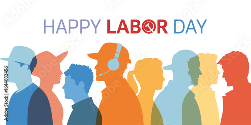 Happy Labor Day USA greeting card featuring colorful silhouettes of diverse workers with gear symbol replacing “O” in red-blue festive typography