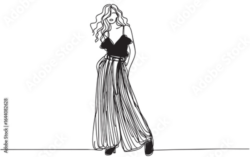 Girls in black top and pants illustration. Fashion line doodles sketch