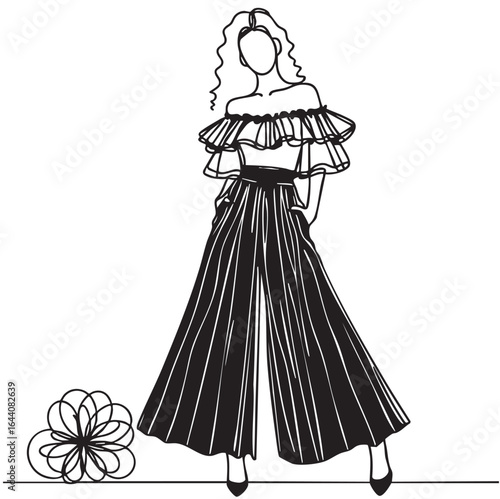 Girls in black top and pants illustration. Fashion line doodles sketch