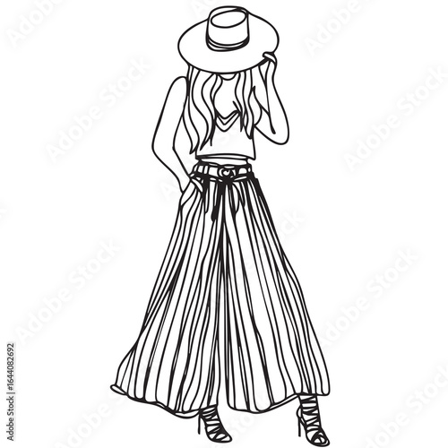 Girls in top, pants and hat, summer illustration. Fashion line doodles sketch