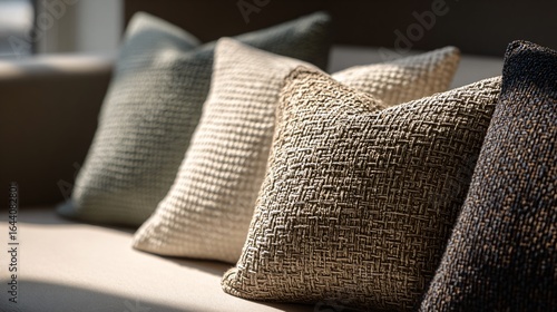 Woven textures of throw pillows in a sunlit living room scene