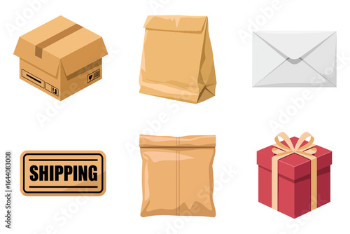 Shipping and packaging icon set, cardboard box, kraft paper bag, mail envelope, shipping label, gift present, delivery vector, logistics design