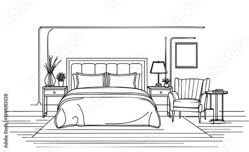 Vector illustration of an outline sketch of a interior. 3D Graphical drawing interior bedroom