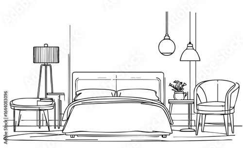Vector illustration of an outline sketch of a interior. 3D Graphical drawing interior bedroom