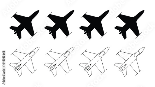 Fighter Jet Silhouette and Outline Collection on White Background Ready for Design Use in Aerospace Industry and Military Applications