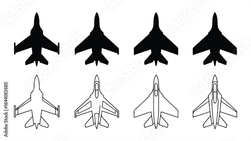 Fighter Jet Silhouette and Outline Vector Illustration Aircraft Collection for Aviation and Military Design Elements on White Background
