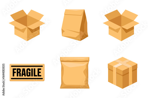 Fragile parcel icons, open box, fragile sticker, padded envelope, small package, delivery sign, vector illustration, shipping design