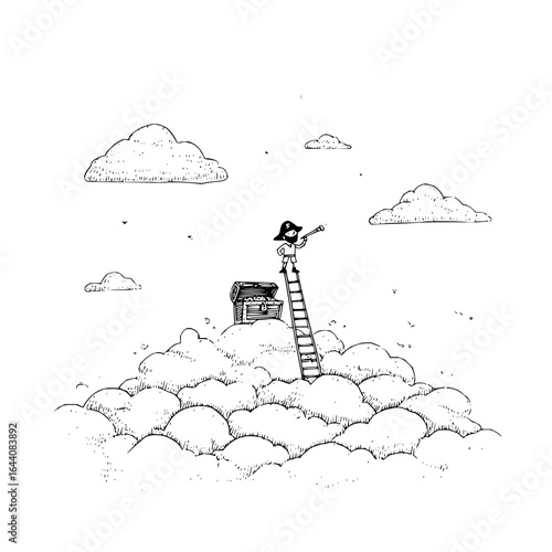 A pirate on a ladder looking through a spyglass with a treasure chest on a cloud in the sky scene