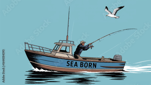 Fisherman on a boat named Sea Born fishing in the ocean with a seagull flying nearby vector illustration