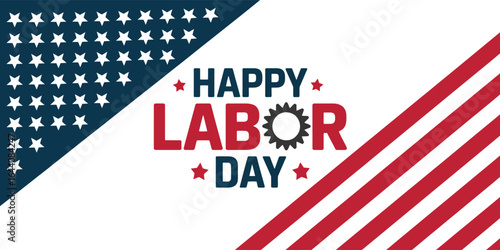 Happy Labor Day USA greeting card featuring American flag-inspired background and gear symbol replacing “O” in red-blue festive typography