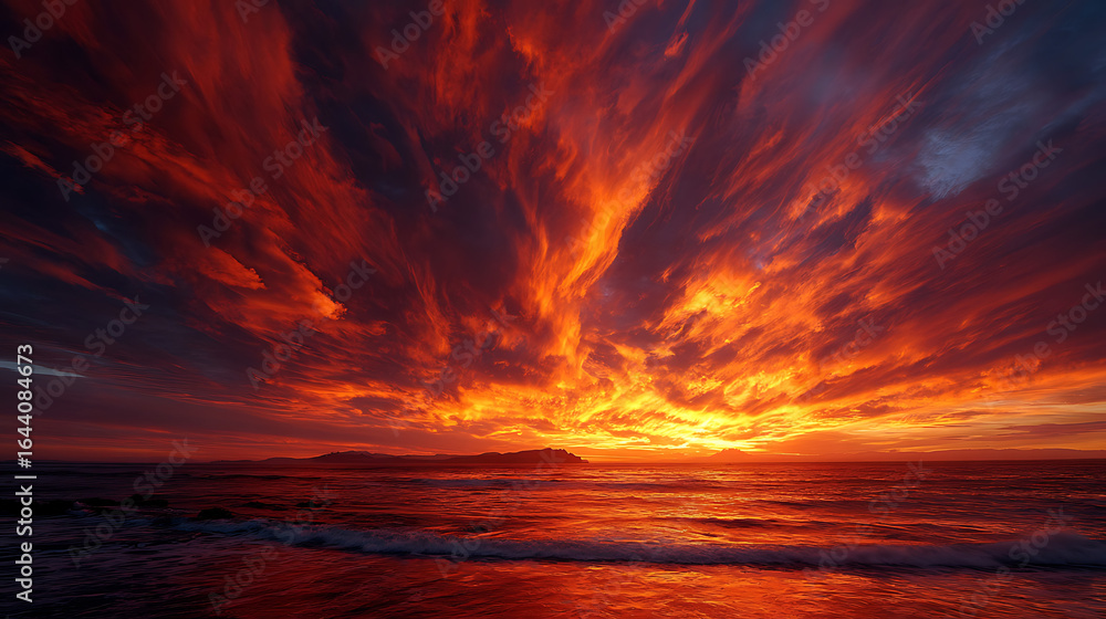 Fiery crimson clouds blaze over ocean waves at sunset image
