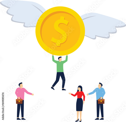 Financial freedom, the success of investment or financial management, the winged banknotes pull merchants to take off from the crowd

