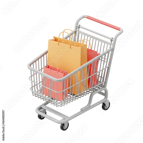 Shopping cart filled with colorful paper bags, representing a successful retail shopping spree. Ideal for themes of consumerism, sales, e-commerce, and seasonal shopping on transfer background