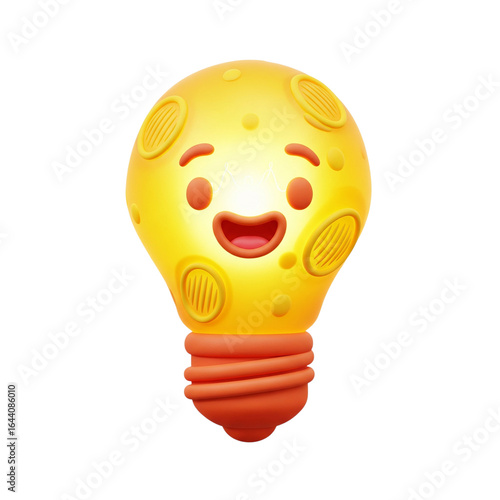 A glowing lightbulb with a cheerful, happy face, representing a bright idea, creativity, innovation, and problem-solving in a fun, 3D style on transfer background