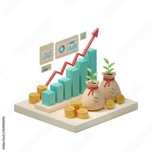 Financial growth concept with a rising bar chart, a big arrow, and money bags with growing plants, representing investment, economy, savings, and success.