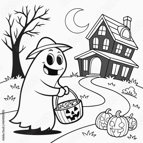 Ghost Trick or Treating Halloween Coloring Page Vector Illustration for black and white
