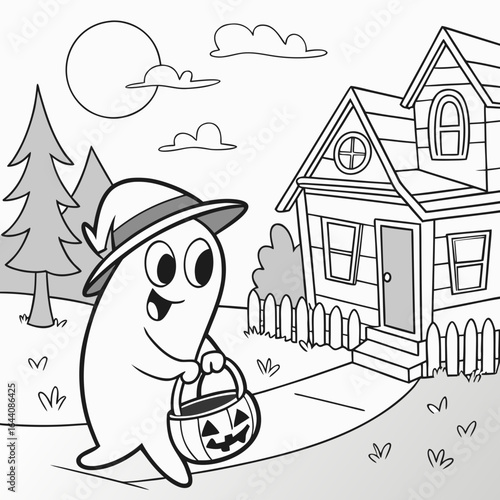 Ghost Trick or Treating Halloween Coloring Page Vector Illustration for black and white