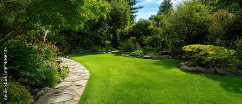 The vibrant garden with a lush green lawn and scenic stone pathway.