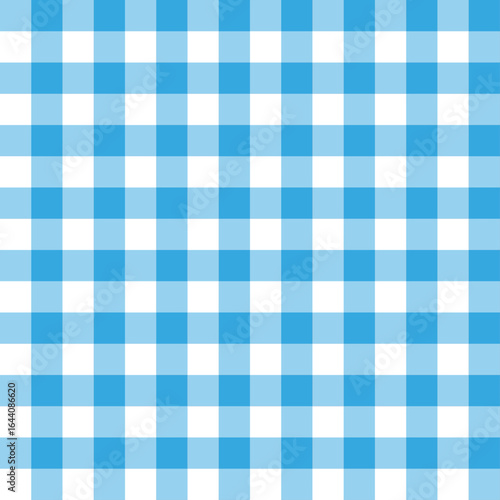 Blue and white checkered tablecloth seamless pattern in gingham style, classic picnic fabric design with square grid, vector illustration background for kitchen, restaurant and decorative textile use.