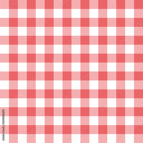 Red and white checkered tablecloth seamless pattern in gingham style, classic picnic fabric design with square grid, vector illustration background for kitchen, restaurant, and decorative textile use.
