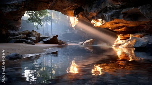 Sunbeam illuminates cave pool, jungle backdrop