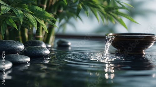 Serene zen garden scene with flowing water into a bowl, surrounded by bamboo and smooth stones, creating a soothing and tranquil ambiance.