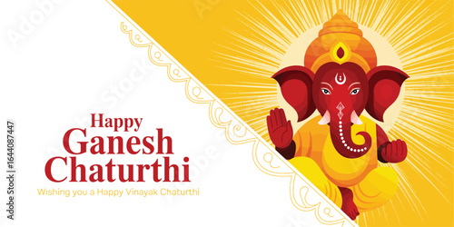 Happy Ganesh Chaturthi greeting card featuring radiant yellow background and Lord Ganesha in blessing pose with sweet and festive bilingual text